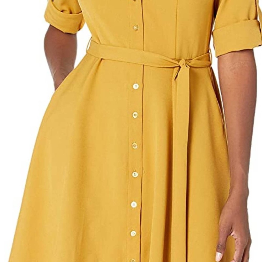 Sharagano Mustard Yellow Midi Shirt Dress - Picture 2 of 13